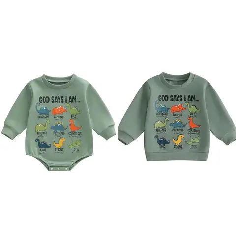 Toddler Boy Elastane Casual Cozy Sweatshirt - Letter Printed Pullover, Long Sleeve Round Neck Loose Fit Clothes, Graphic Dinosaur Print Fall Tops