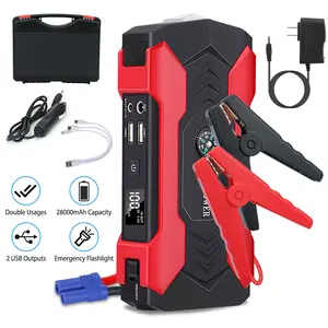 Car Jump Starter Booster 800A Peak 28000mAh 12V Battery Charger Up To 6.0L Gas Or 3.0L Diesel Engine With LCD Screen 4 Modes LED Flashlight Double Usages 2 USB Outputs Emergency Flashlight