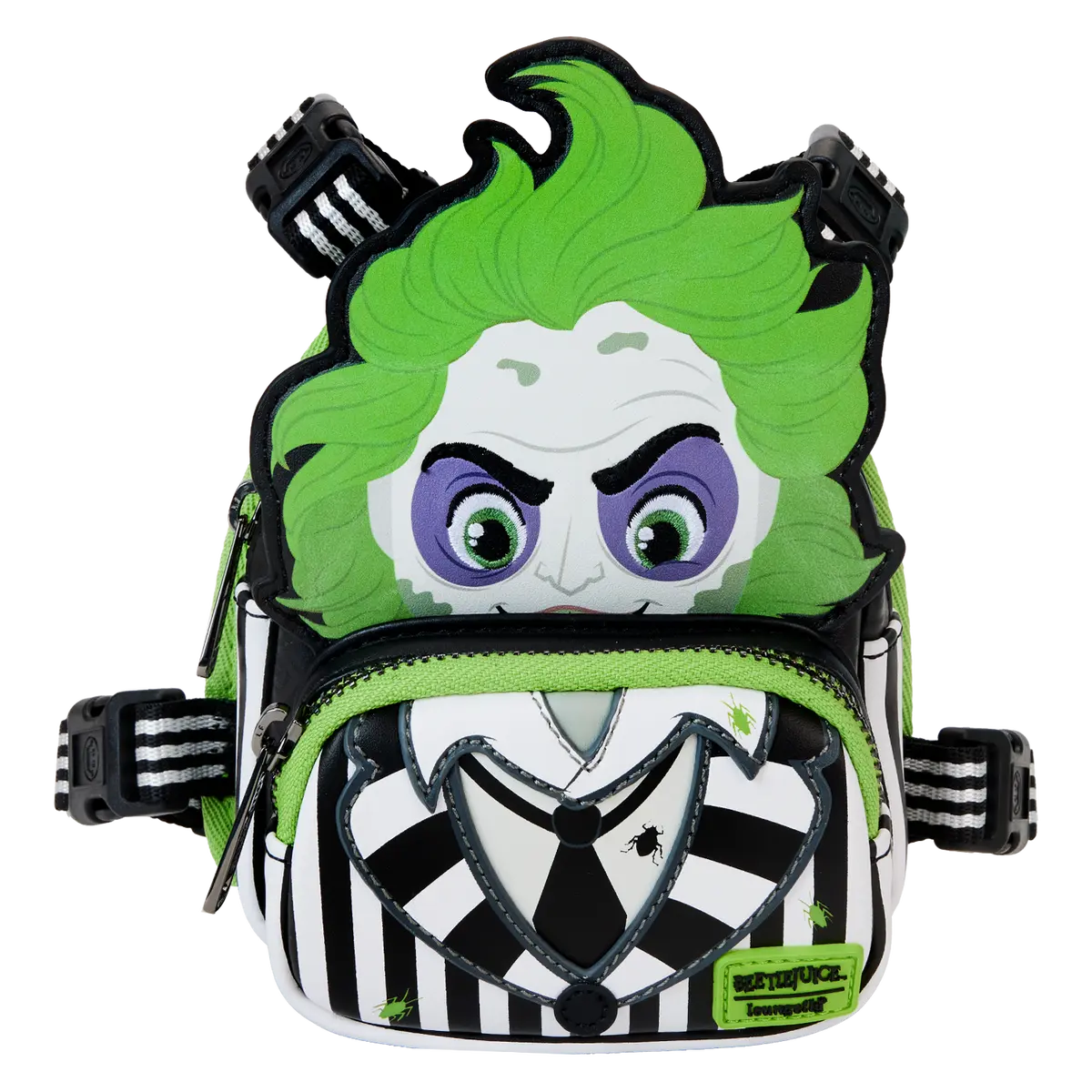 Beetlejuice Graphic Dog Harness with Embossed Design, Extra Front Zipper Compartment, Cosplay Mini Backpack Style – Pet Collars & Harnesses Accessory