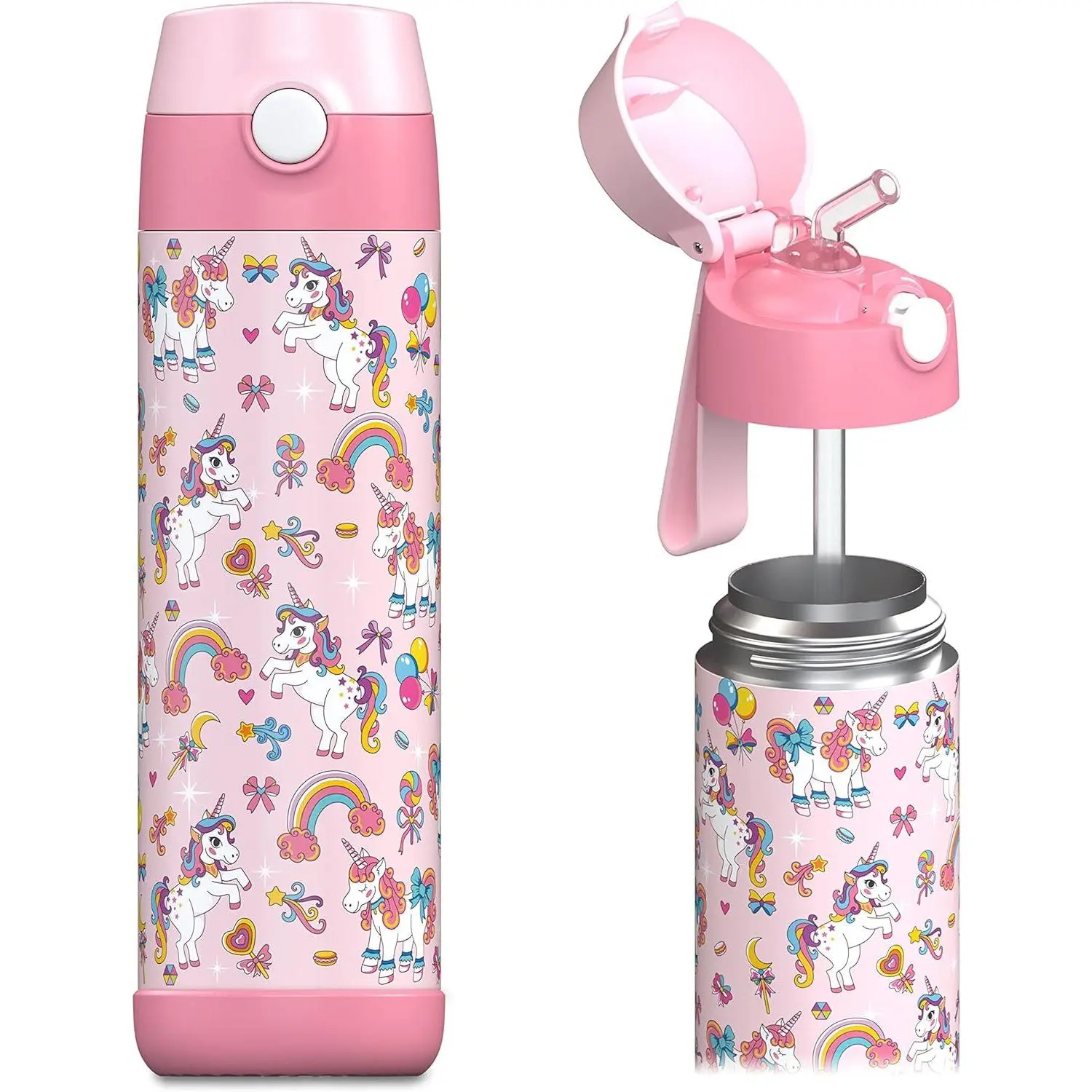 kids water bottle with straw - CHARLI - insulated stainless steel water bottle - thermos - girls/boys (Unicorn 'Mosaic', 18 oz)