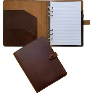 Refillable Leather Journal with Lined Paper, A5 6-Ring Binder, 100 Sheets, Dark Brown