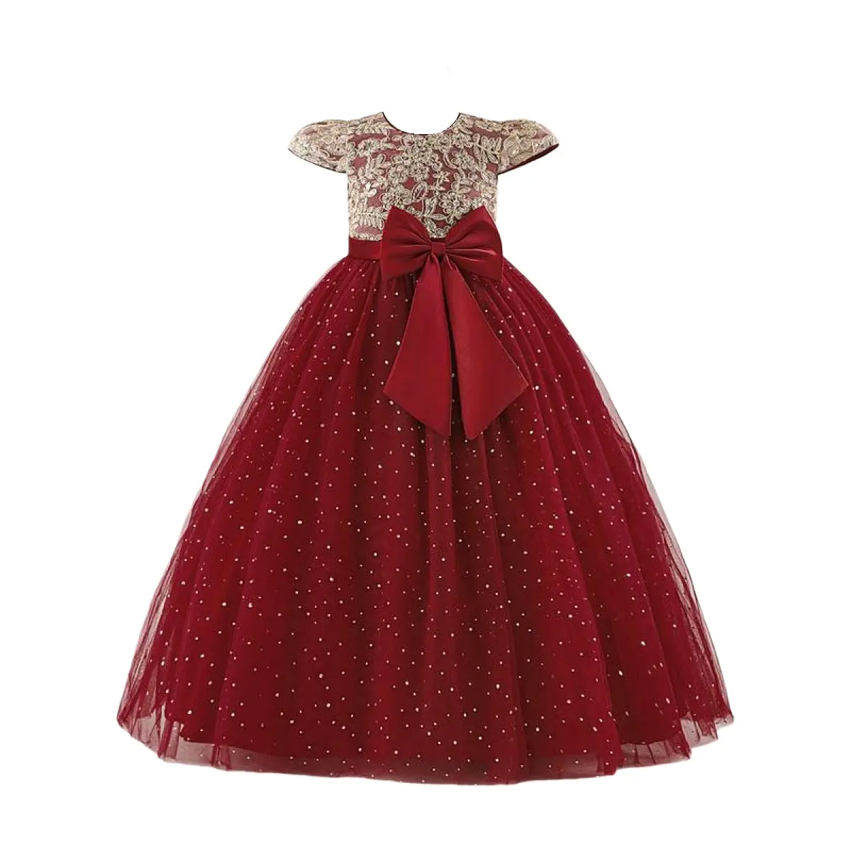 Girls' Sequin Princess A-Line Floral Embroidery Dress - Tie-Front Waist, Maroon Formal Party Gown for 8Y,10Y(9-10Y),11Y,12Y, Tie Front Dress, 9-12 Years, 9Y, Birthday Outfit, Party Wear, All Seasons