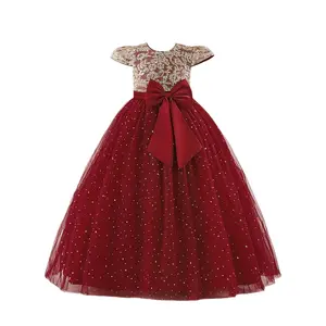 Sequins Embroidered Maroon Kids Clothes 525 Princess Long Ball Gown Frock Children Formal Evening Party Banquet Pageant Prom Host Cocktail Dress Flower Girls 7-12Y