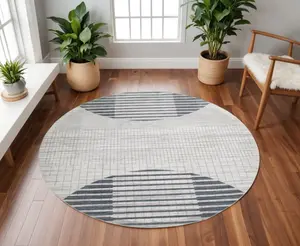 360 Stand 8 ft. Round Washable Rug - Blue & Ivory Modern Geometric Print, Polyester Fiber, Power Loom Construction