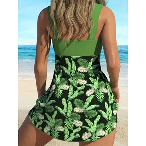 New Fashion Swimsuit Split Tankini Two Piece Set Tropical Solid Color Printed Swimsuit for Women
