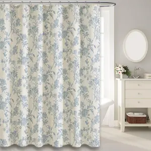Blue Shower Curtain Floral Cotton Linen Cottagecore Shower Curtain for Bathroom 72x 72
