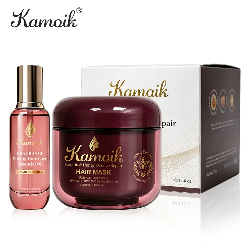Kamoik Keratin & Honey Repair Hair Mask 300ml + Weightless Healing Hair Oil 50ml Set for Dry Damaged Hair – Deep Repair, Frizz Control, Silky Shine – All Hair Types – Paraben-Free Haircare