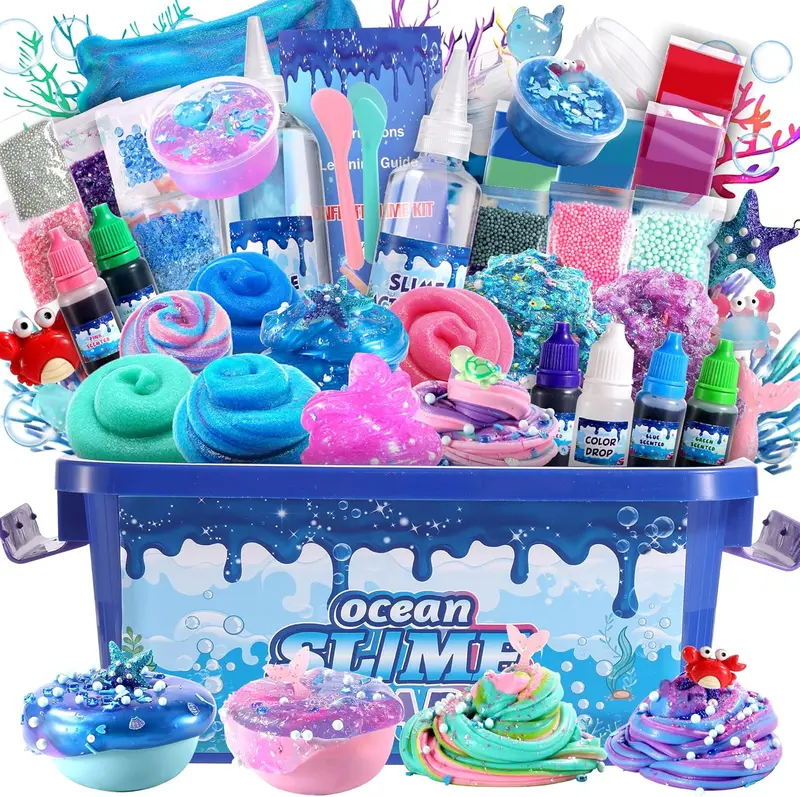 Christmas Gift Ocean Slime Kit for Girls 7-12 Years Old, Party Favor Gifts Slime Stress Relief Toy Scented Sludge Toy for Kids,Complete DIY Slime Making Kit for Kids and Boy