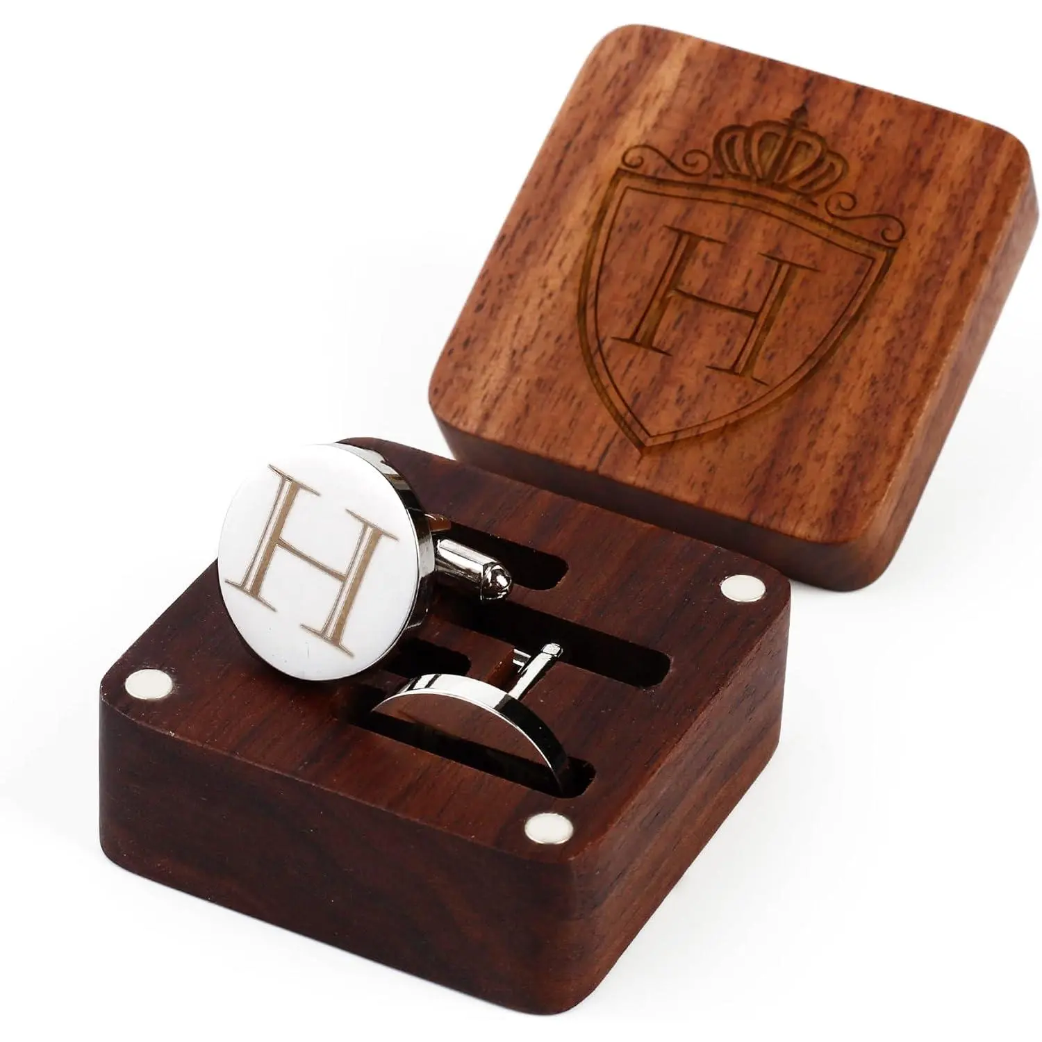 Mens Initial  Cufflinks A-Z Alphabet Letter Steel Cuff Links with Engraved Walnut  Box Groom Groomsman Wedding Set...