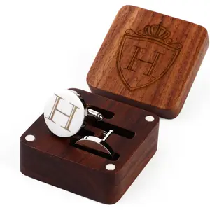 Mens Initial  Cufflinks A-Z Alphabet Letter Steel Cuff Links with Engraved Walnut  Box Groom Groomsman Wedding Set...