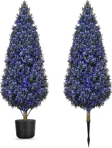 Outdoor Artificial Lavender Topiaries Trees with Planters, 3 FT Tall Set 2 Fake Plants Boxwood with Spikes, UV Resistant Faux Evergreen for Indoor Home Porch Office Spring Decor