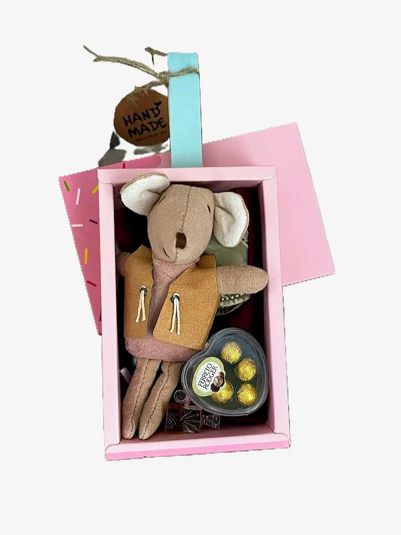 New Maileg Mouse Art Toy Collectible Figurine - Custom Mousicle Sweet Treat Box Design, Little Girl Mouse House, Custom Dress, Small Accessories, Cellphone Compatible, Unique Elements, Choking Hazard Small Parts Warning