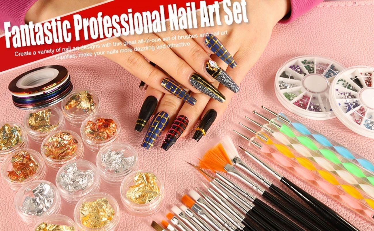 Stamp Nail Art Tool with 15pcs Nail Painting Brushes, Nail Dotting Tool, Nail Foil, Manicure Tape, Color Rhinestones for Nails-Black