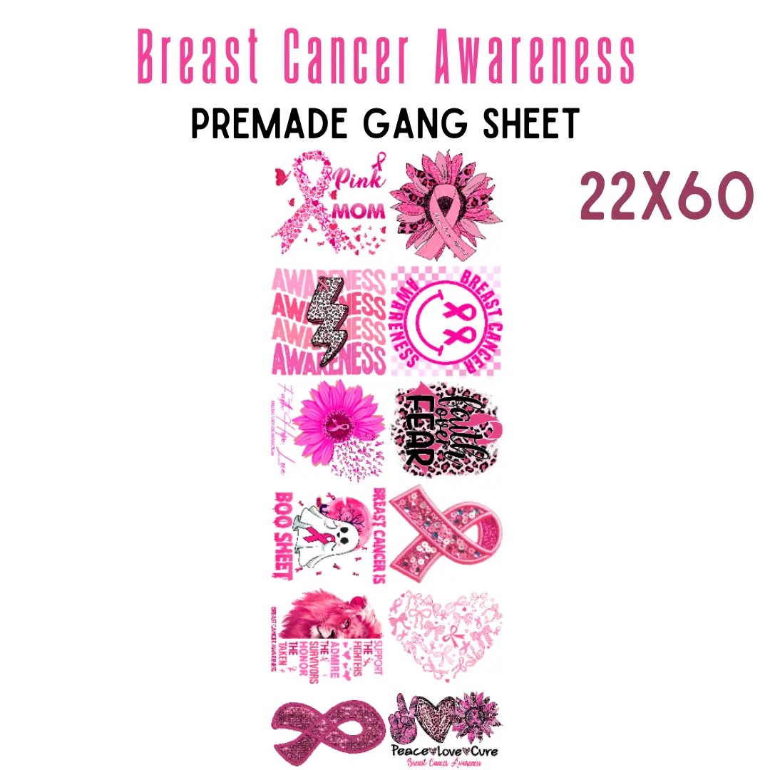 Pro Blanks Breast Cancer Awareness Pre-Made DTF Gang Sheet, 22x60in Multi-Colors Vibrant Print, Compatible with Any Fabric