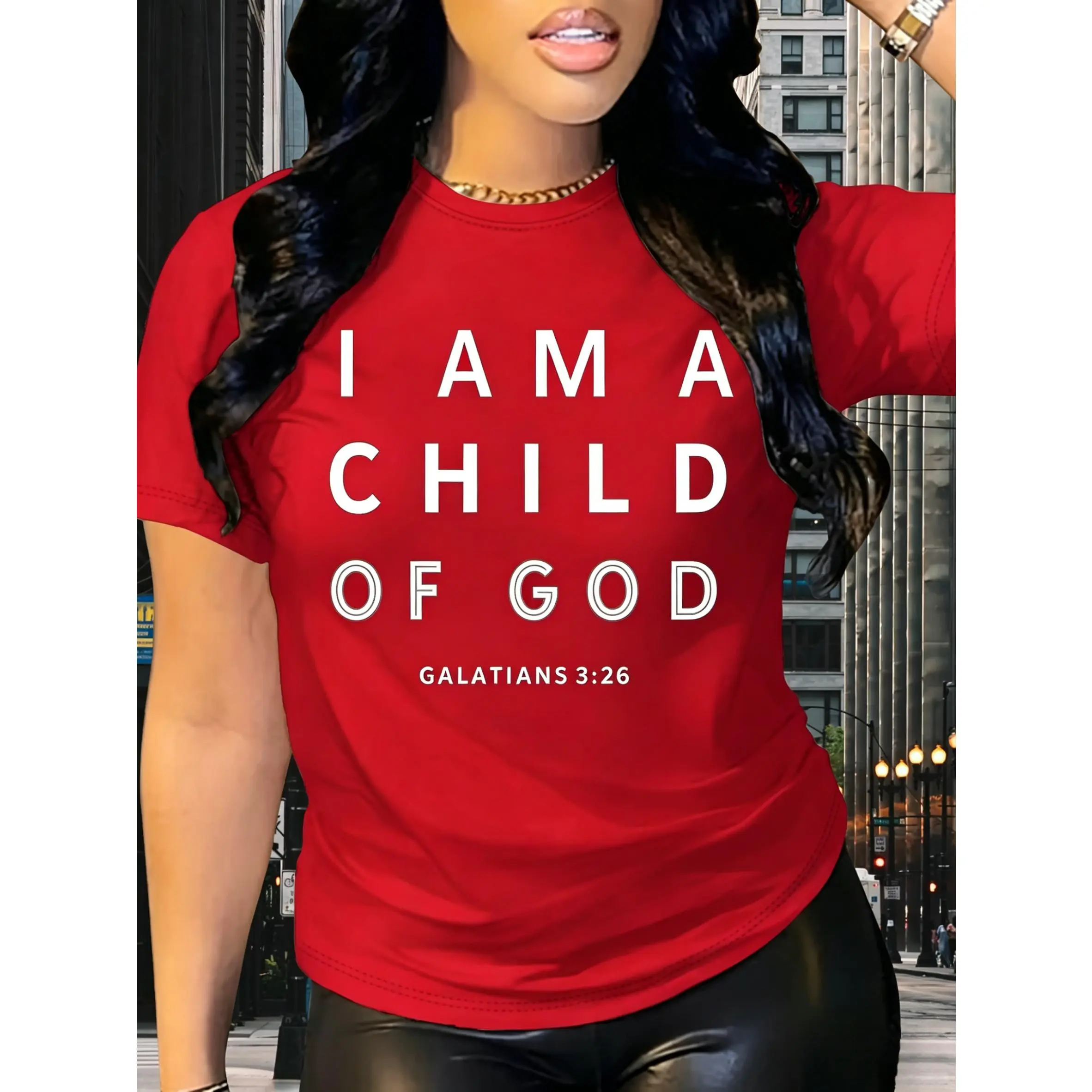 Minimalist Christian Shortsleeve T-Shirt for Lady, "I Am A Child Of God" Inspirational Graphic Top, Basic Casual Wear, Tshirt, Fabric, All Seasons, Asymmetrical, Cotton, Do Not Dry Clean, Faith-Based Fashion, Machine Wash, Oversized, New Year, Smooth, Che