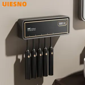 Wall-Mounted UV Toothbrush Sterilizer Holder with Large HD LED Display-Stylish Black and Gold, No Drilling Installation, USB Charging, 1800MAh Lithium Battery, Perfect for Family Bathroom, Perfect Holiday Gift for Men and Women, Toothbrush Holder