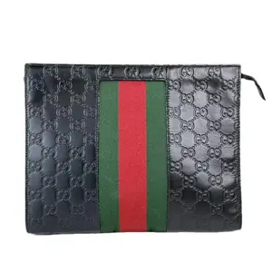 Pre-owned GUCCI Leather Clutches & Wristlets Black GG Logo Printed Zip Pouch with Red and Green Stripes
