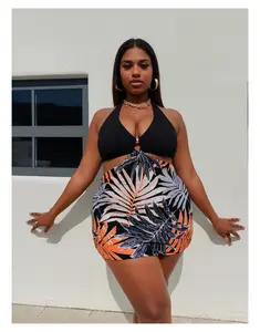 Plus Size Black Bikini Set - Halter Swimsuit for Women, Tropical Leaf Print Shorts, Cut-Out Bikini Top, Beach Pool Swimwear 14W-26W