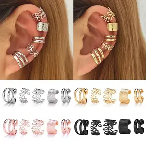 Minimalist Non-Pierced Ear Cuff 5-Piece Set, Stylish Hollow Out Gold Leaf C-Shaped Ear Clips