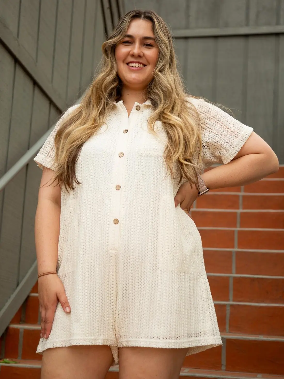 Boho Button Front Crochet Beachy Romper in Ivory