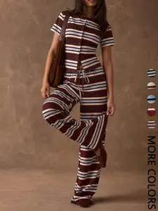 Women's Contrast Stripe Knit Co-ord Set, Crew Neck Short Sleeve Button Front Top, Elastic Drawstring Waist Wide Leg Pants, Soft Stretchy Drapey Fabric, Casual Daily, Loungewear & Commute Wear, Vintage Relaxed Casual Style & 2 Piece