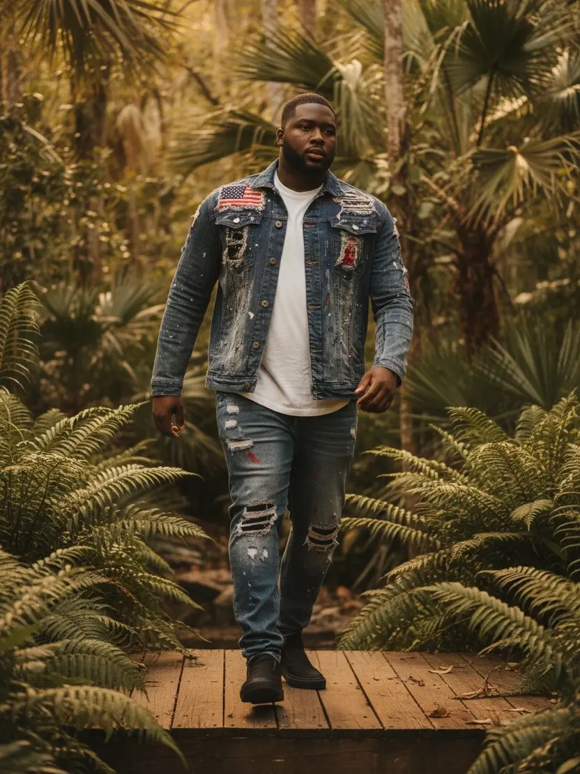 Mens Patchwork Bandanna Art Denim Jacket