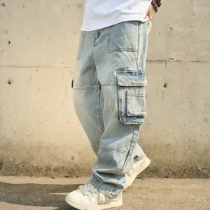 New Stylish Loose Men Multiple pockets Cargo Jeans Trousers Streetwear Male Solid color Straight Carpenter Denim Pants