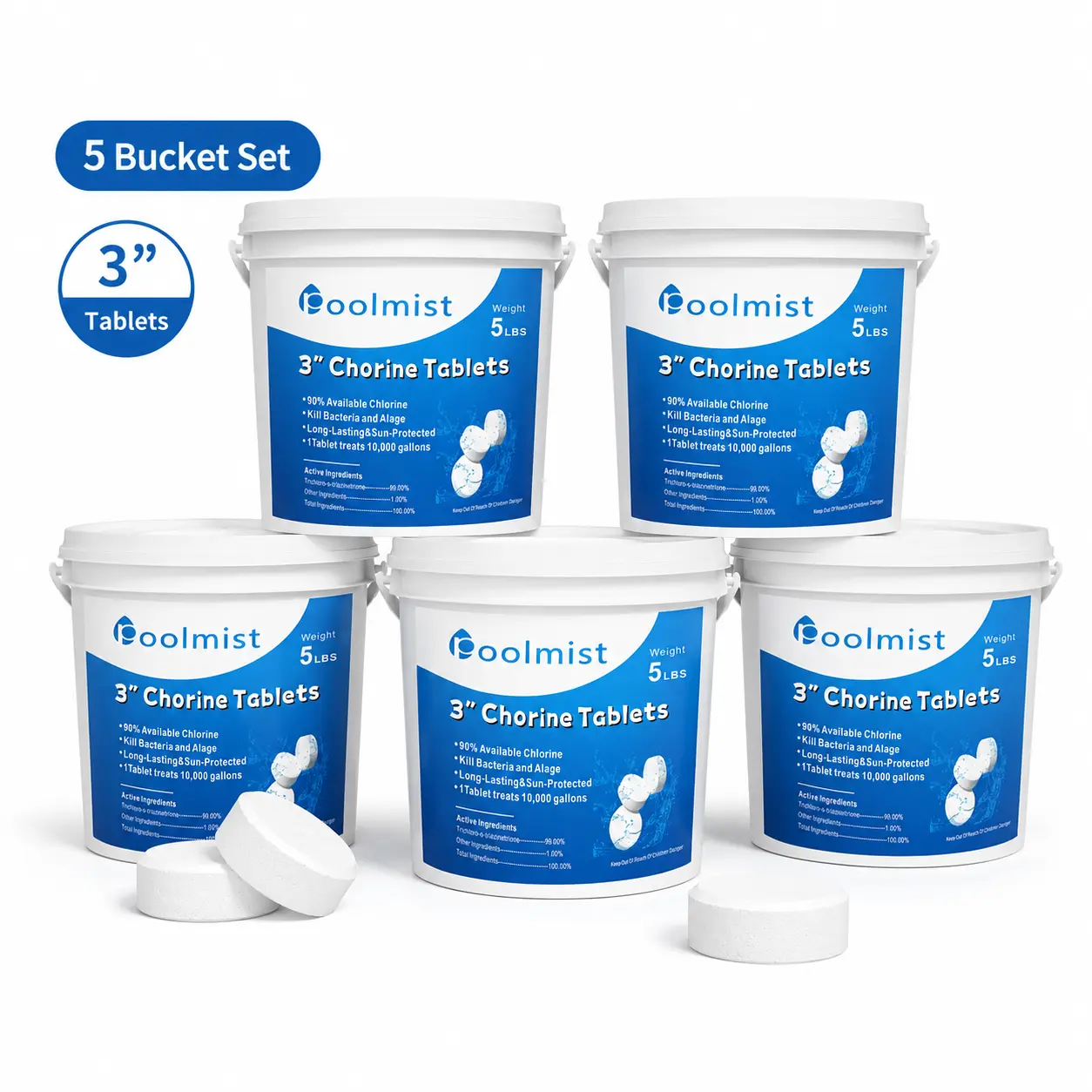 3-Inch Professional Water Conditioning Tablets (5 Buckets, 5 lbs Each, Total 25 lbs) - High-Performance Slow Dissolving Tabs for Pool Water Transparency & Clarity Care, High-Capacity Supply for Large Residential Systems & Commercial Facilities