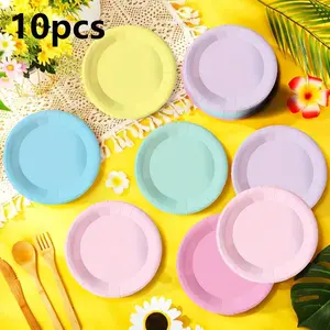 10 Pcs 7-Inch Macaron Theme Party Plates and Paper Trays, Ideal for Celebrations, Afternoon Tea, Birthday Parties, Sweet Treats, Camping, Picnics