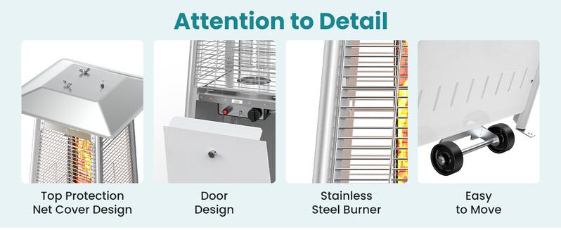 48,000 BTU Propane Heater Outdoor Patio Heaters , Patio Heater Deck Porch for Outdoor Use Camping Backyard Commercial with heels, Double-Layer Stainless Steel Burner, 87" H