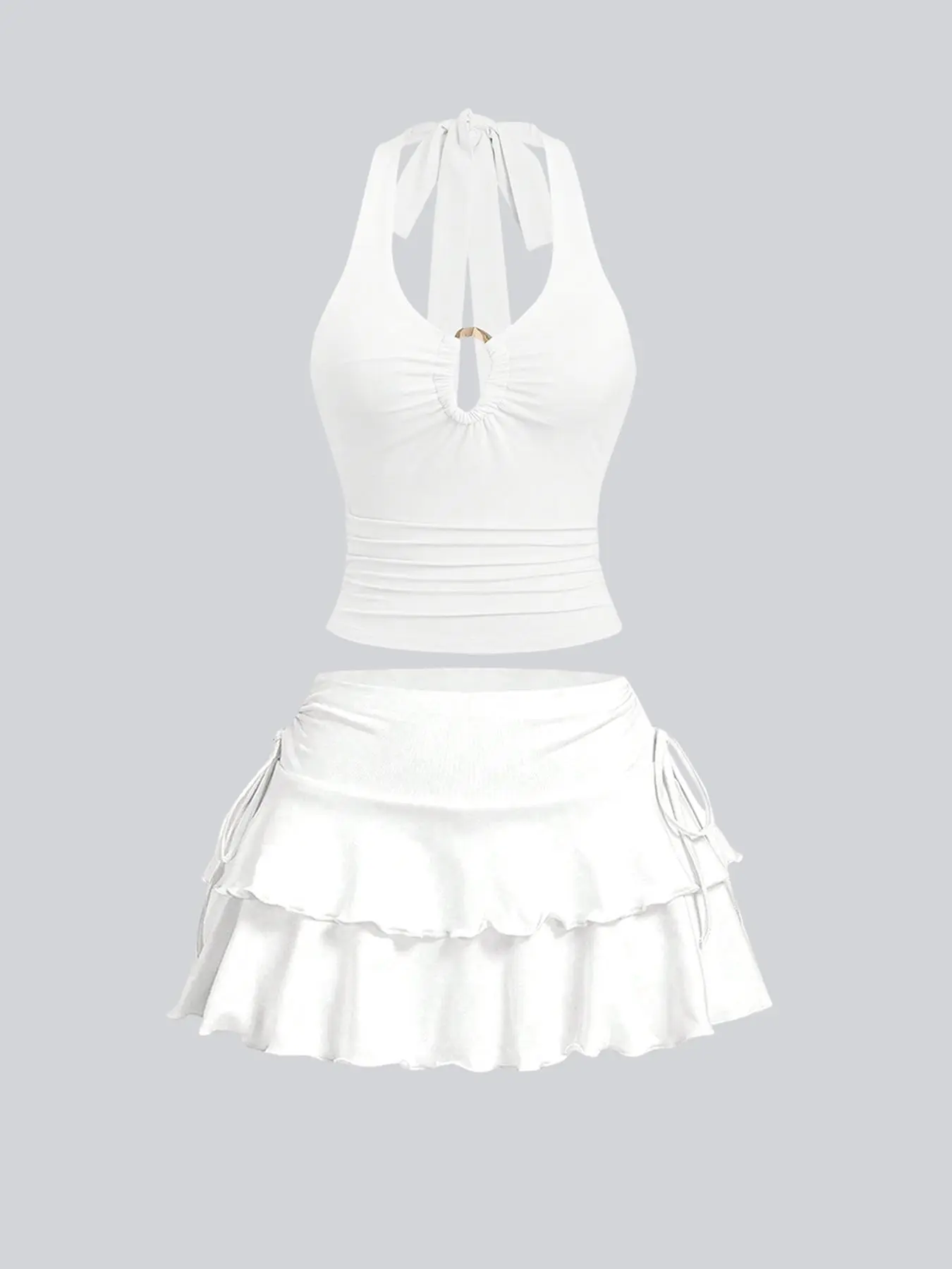 Two-Piece Set Summer Women's Slim-Fit Ruched Halter Top and Side Tie Skirt  Set, Comfortable Elegant Swimsuit Cover-Up, Two-Piece Solid Color Outfit  for Beach Days - TikTok Shop