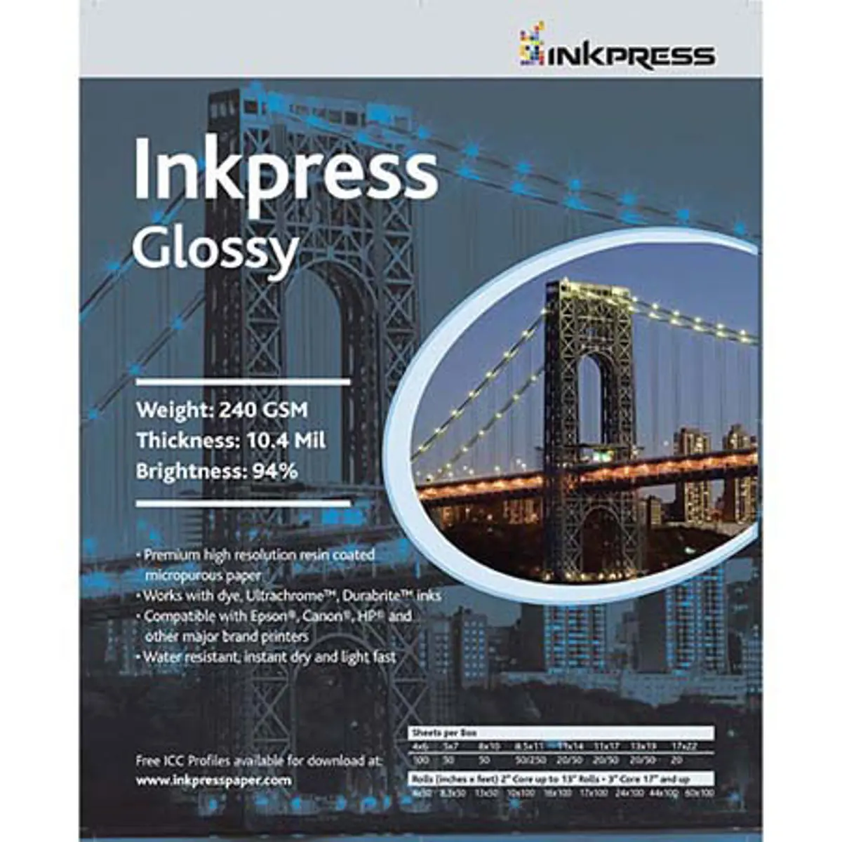 Inkpress Glossy, Single Sided Gloss Surface Inkjet Paper, 240gsm, 10.4 mil., 4x6", 100 Sheets