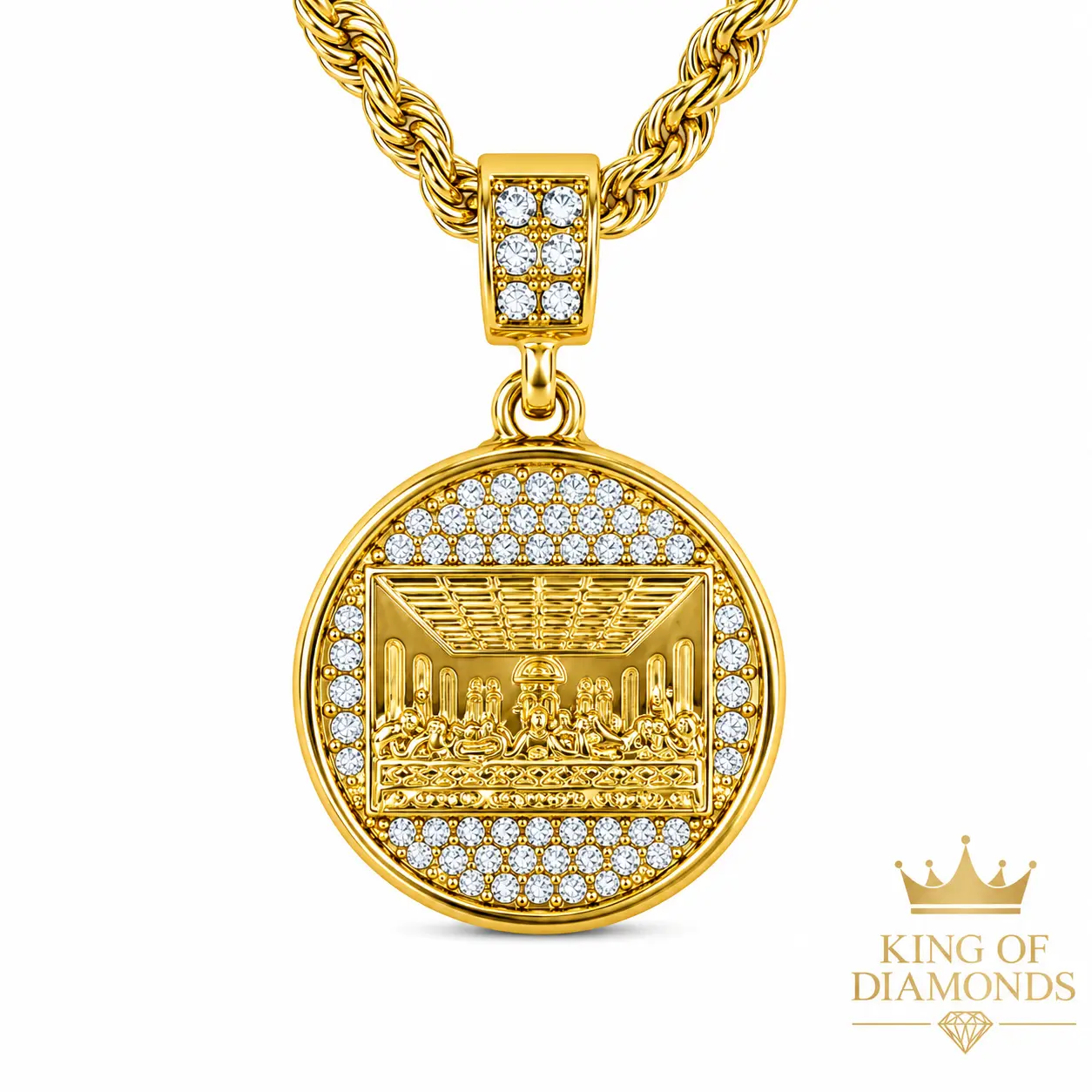 Gold Plated Last Supper Necklace with Sparkling Stones, 24 Inch Hip Hop Rope Chain Pendant for Casual Wear, Hip Hop Jewellery, Gem Necklace