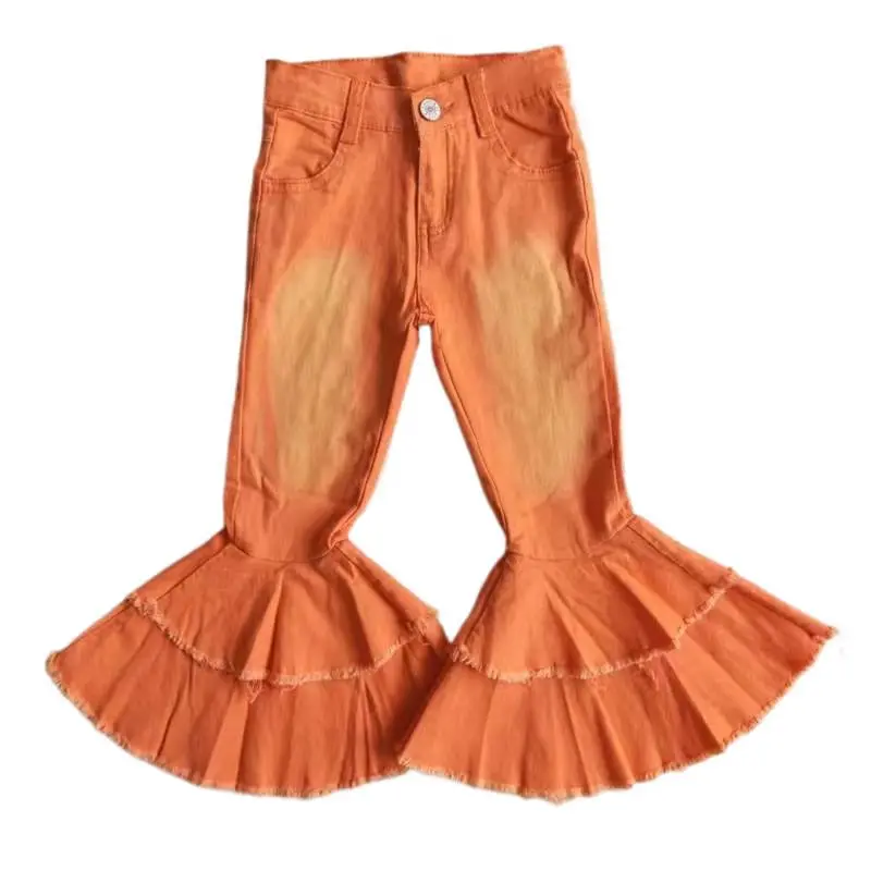Girls' Mid-Waist All-Seasons Orange Bleached Denim Bell-Bottoms