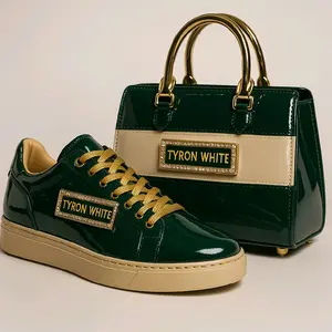 Tyron White Luxe Handbag and Sneak Set - Green Patent Leather with Gold Accents and Logo Plaque