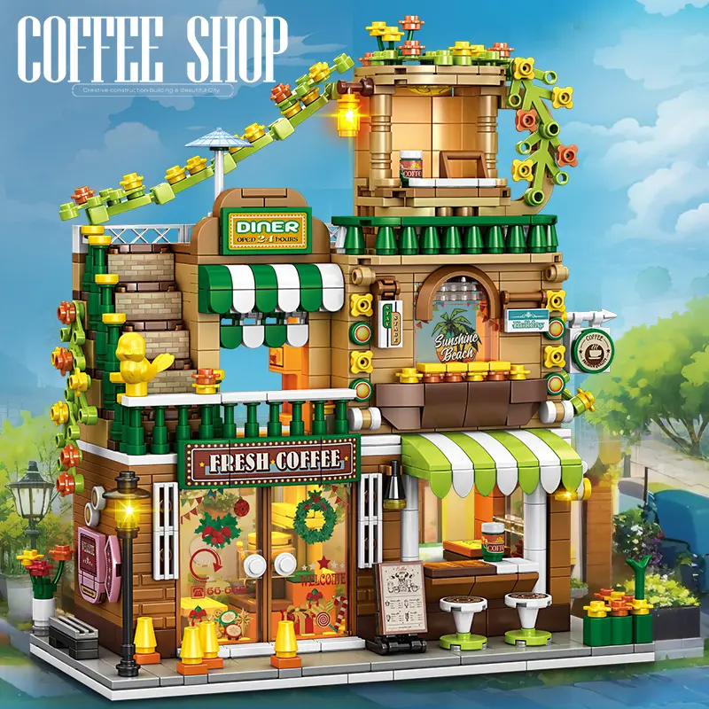 828pcs Coffee Shop Street Scene Building Blocks Model, House Building Kit, Creative DIY Assembly Toy, Home Desktop Decoration, Perfect for Halloween Christmas Birthday Gifts