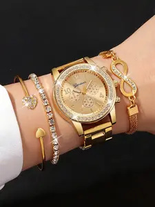 Women's Exquisite Watch Set with Stainless Steel Strap, Bracelet & Heart Rhinestone Bangle, Rhinestone Wristwatch, Quartz Movement, Classic Design, Perfect Gift