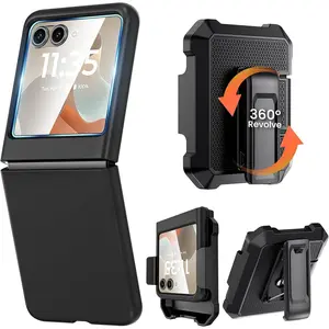 for Motorola Razr 2025 Case with Clip,  Razr 2025 Case with Screen Protector [NOT for Plus or Ultra], Slim Thin Flip Phone Cover and Belt  Holster Combo Accessories for Razr 60 - Black