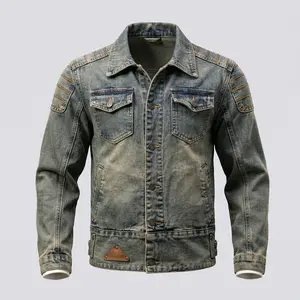 Men's Vintage Washed Denim Jacket, Retro Distressed Biker Jean Jacket with Paisley Lining, Classic Trucker Jacket with Shoulder Stitching, Casual Button-Down Motorcycle Denim Coat for Men, Fashion Streetwear Denim Jacket for Daily Wear, Riding, Outdoor