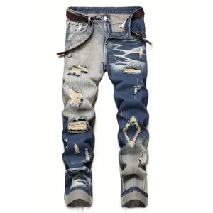 2026 Men's Distressed Denim Jeans Purple & Blue Slim Straight Leg Biker Style Faux Leather Detail