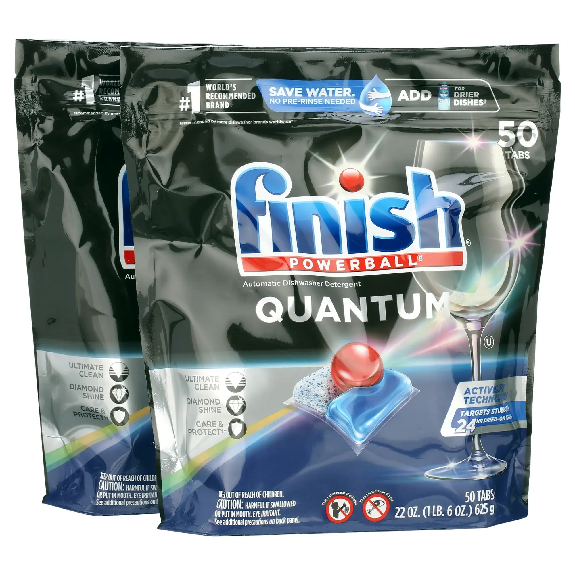 Finish Powerball Quantum Dishwasher Detergent Tabs - 2-Pack (50-Count Total) Dishwasher Pods with Quantum Technology, Ultimate Cleaning, Diamond Shine, Care & Protect, Fresh Effect