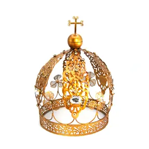 XL 11in Jeweled Santos Crown Clover Orb and Cross Motif, Decorative Antiqued Brass Rhinestones