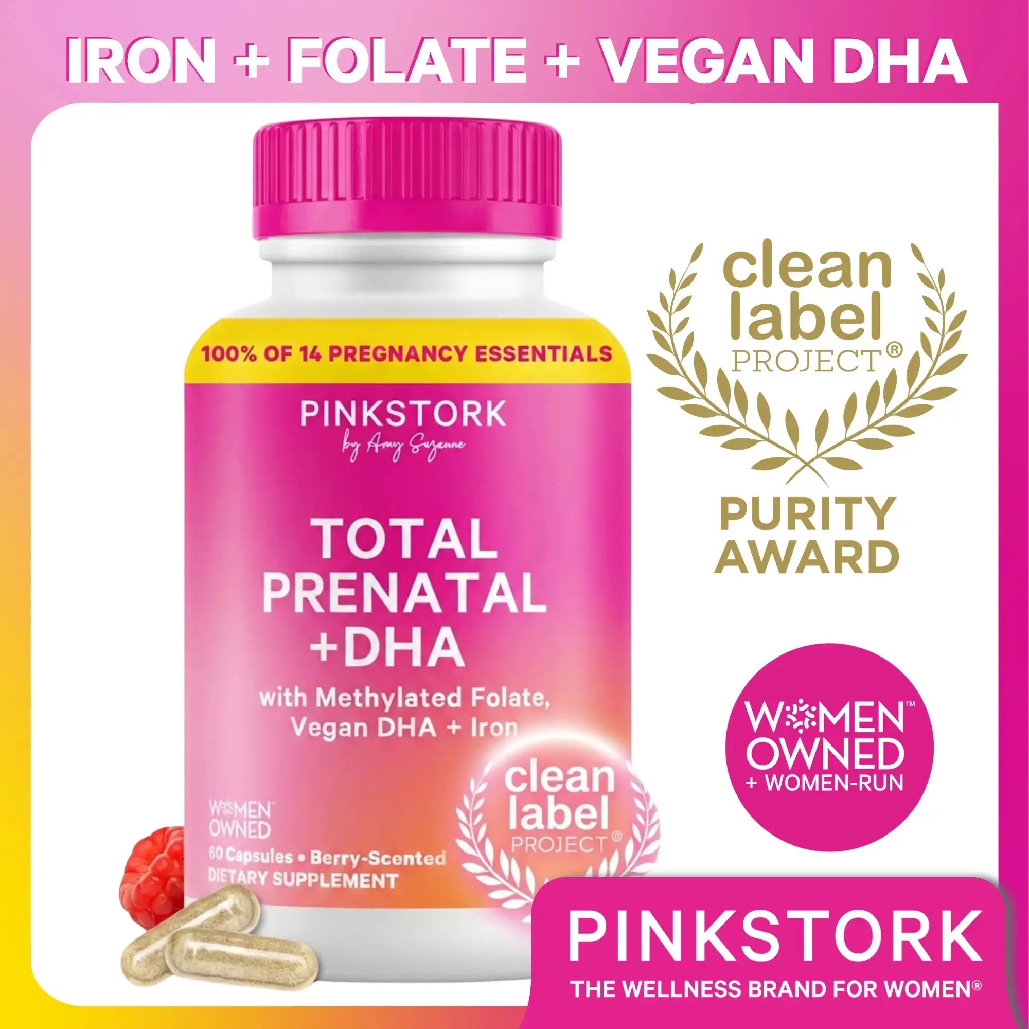 Pink Stork Total Prenatal + DHA, Vegan, No Fishy Burps, 60 Count, Berry | Methylfolate, Vegan DHA, Non-Constipating Iron, Choline, Vitamin B12 | Clean Label Purity Award, Made in USA