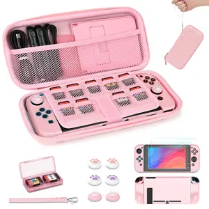 Switch Case for Switch 2017, Portable Switch Carrying Case, 14 in 1 Accessories Kit with Switch Case, Cover, Screeen Protector, Thumb Grip Cap, Game Card Case and Strap (Pink, Button Pattern)