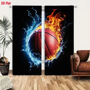 2D Flat  Dynamic Basketball Theme Curtain 2-Piece Set, Red Basketball with Black Lines on Black Background, Blue Water Splashes and Orange-Yellow Flames Decorative, Fire and Water Contrast Design, Living Room Bedroom Window Drapes