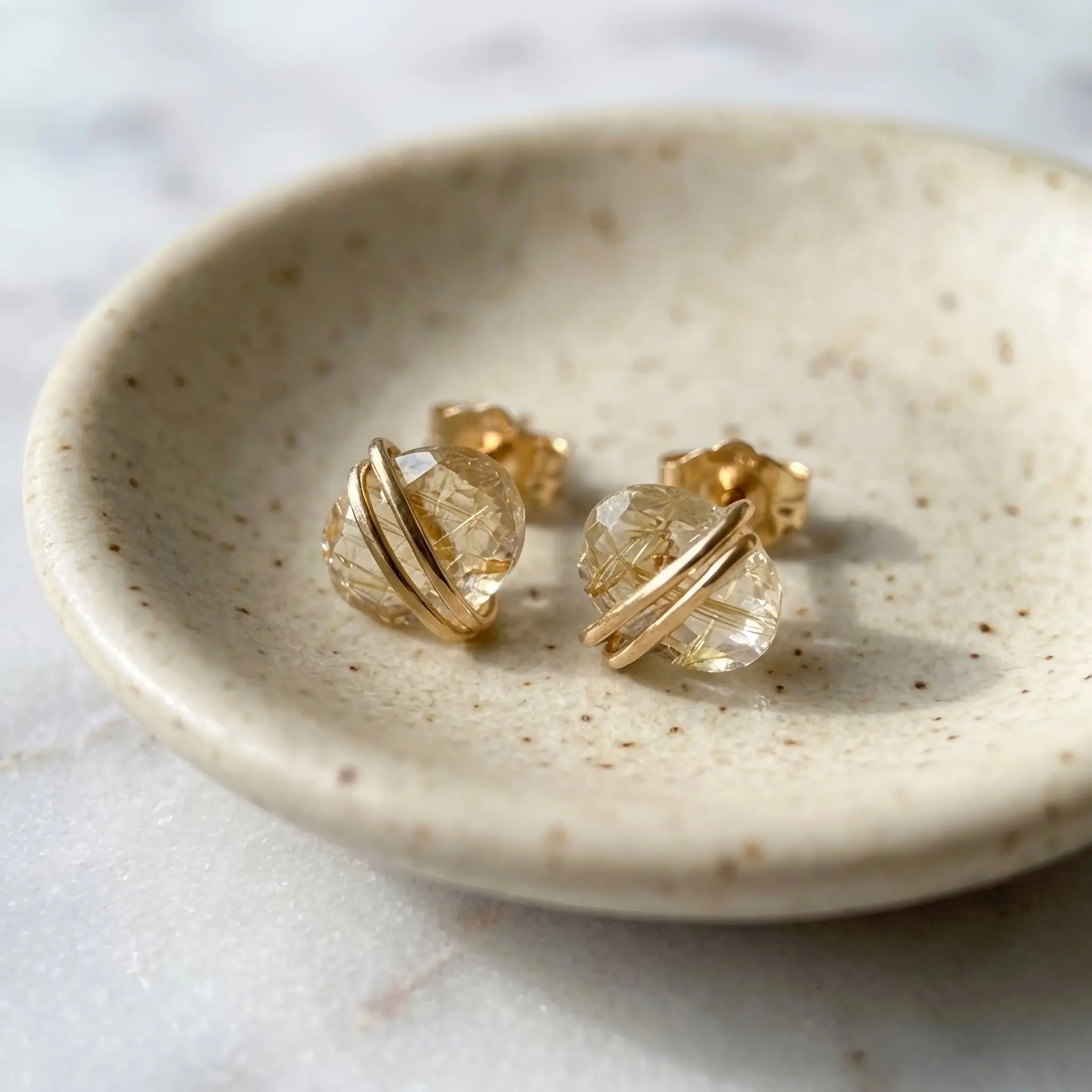 Gold Filled Gold Rutilated Quartz Oval Wire Wrapped Stud Earrings