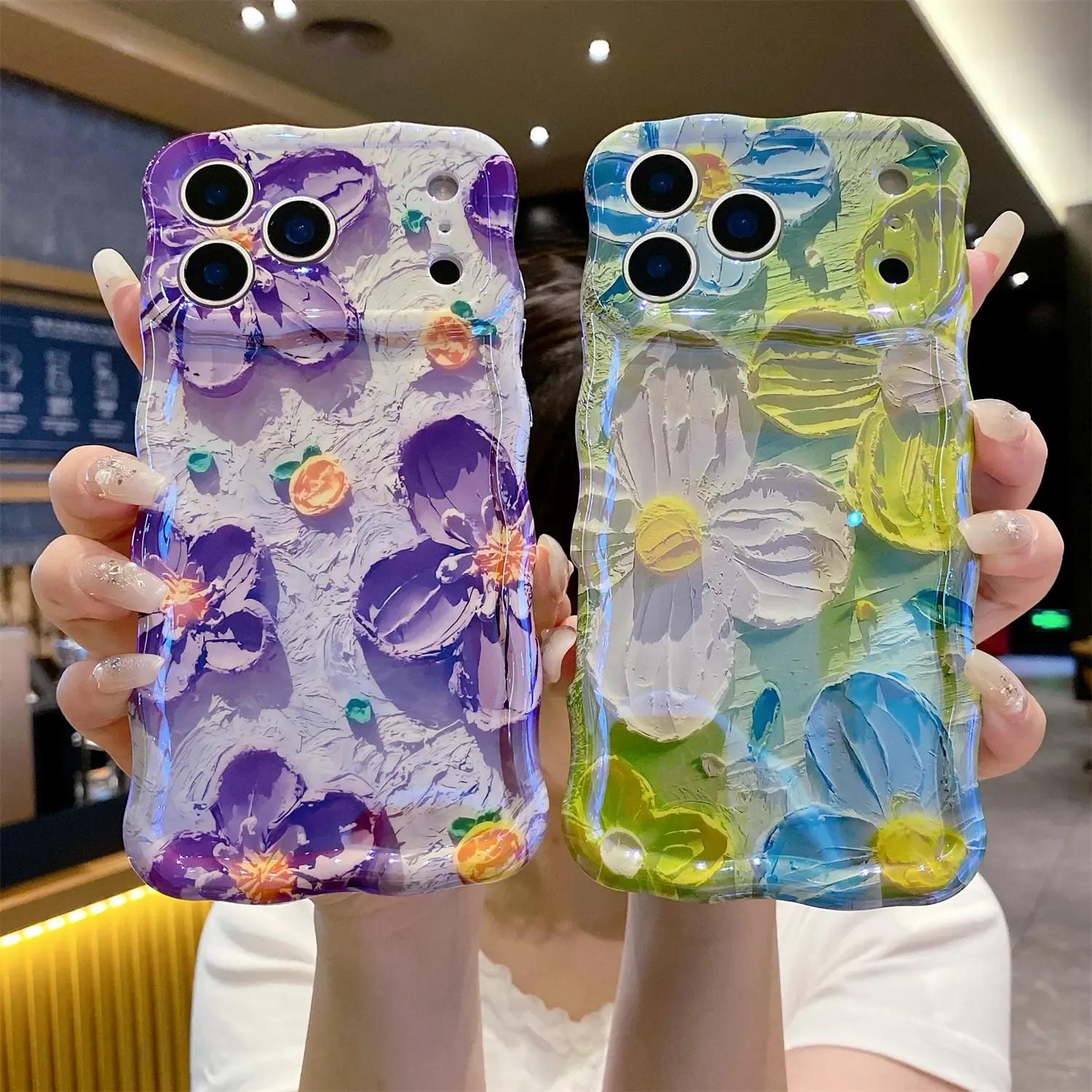 Laser Colorful Retro Oil Painting Flower Pattern for iPhone 17 Pro Max/17 Air 16 15 14 13 Pro Cute Curly Wave Frame Exquisite Phone Case for Girls Women, Shockproof TPU Protective Phone Cover