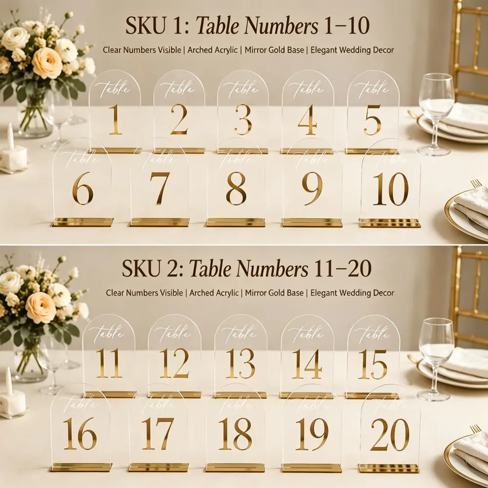 10-Pack Clear Arch Acrylic Table Numbers Set - Gold 3D Raised Mirror Numbers with Gold Mirror Acrylic Stands, Reusable 1-10/11-20 Signs, Lightweight Plastic Markers for Wedding, Banquet Decor