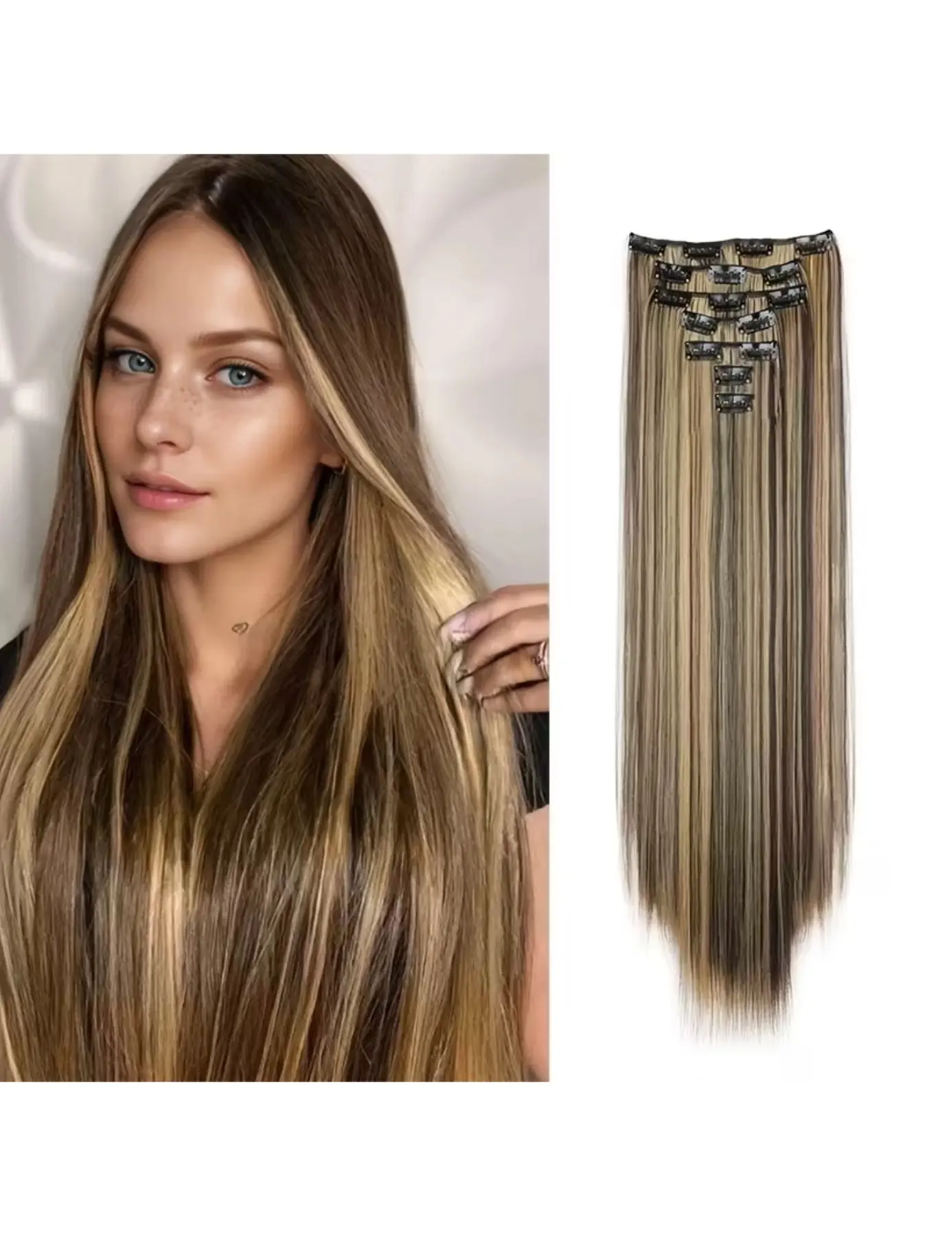 7pcs Women's Medium Straight Clip in Synthetic Fiber Hair Extensions, Easy to Wear, Suitable for All Occasions, Perfect Fit for Various People, Straight Synthetic Hairpieces