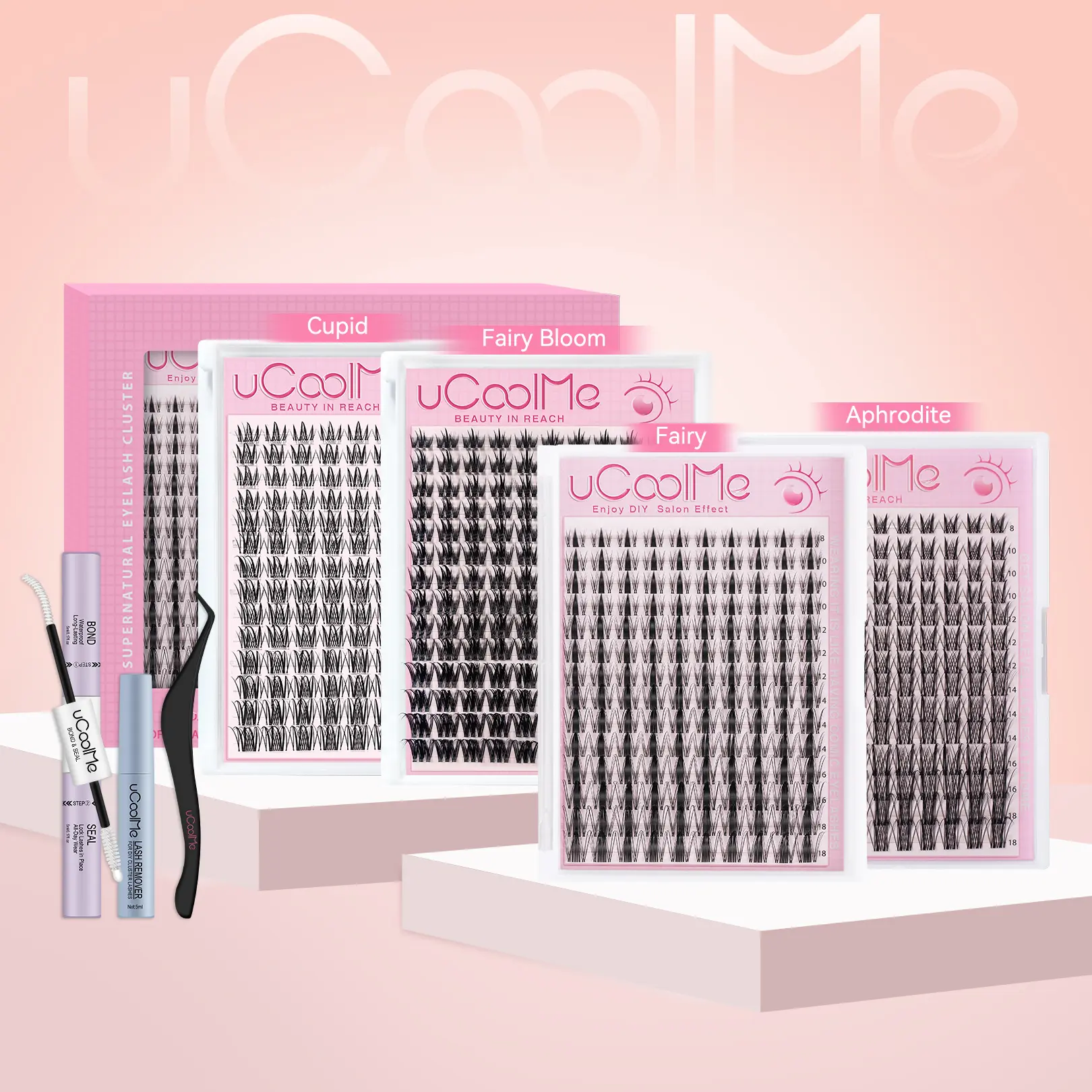 uCoolMe Fairy Lash Clusters Gift Set, Invisible Band DIY False Eyelashes, Individual Lash Extensions for At-Home Application, Cluster Lashes with Bond & Seal & Remover, Affordable Beauty Gifts for Her, Beginner Friendly